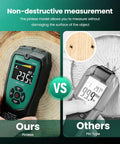 Pinless Moisture Meter For Walls And Wood With Color LED Alarm For Home DIY, shown on wood and wall in a non-destructive test comparison