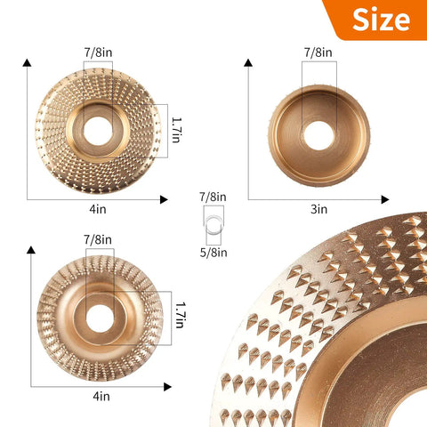 Detailed image of Upgraded Four Piece Wood Grinding Wheel Set For Four Inch And Four And A Half Inch Angle Grinders With measurements.