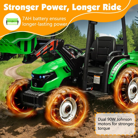 Killer 24V Kids Tractor Ride On With Easy Grip Remote Control And Detachable Trailer Heavy Duty Metal Frame Construction Toy Packed With Dual Motors Front Loader Scoop And Comfort Cushion Seats For Big Kids