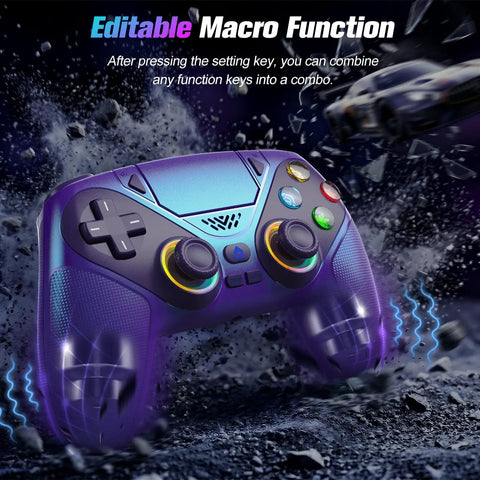 RGB Wireless Controller for PS5 and PC, Bluetooth Gamepad With Turbo, Macro, Dual Vibration, 6 Axis Motion, 3.5mm Audio Jack and 1000mAh Battery, Quick Connect and Plug and Play Across Platforms, purple RGB gamepad with editable macro buttons