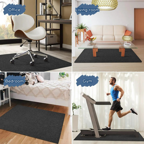 Image showing a 55X35 Inches Anti Slip Chair Mat For Hardwood Floors Under Desk, Large Floor Protector For Home Office, Non Toxic, Odorless, Pet Friendly, Non Curling, Durable in various settings including office, living room, bedroom, and gym.