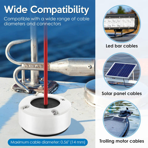 Round Waterproof Cable Gland Pass Through For Marine Auto And Home, Split Seal Design, Easy Install, White Includes Gasket Deck Ring Compression Ring Nuts And Screws shown with cables