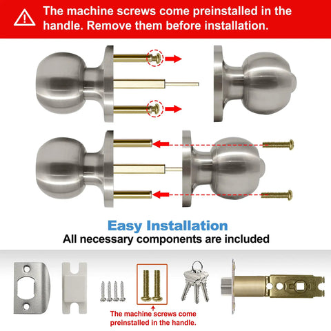 Two Pack Entry Door Knobs With Lock Keyed Differently For Exterior Front Doors Satin Nickel All Metal Construction With Three Keys Each Set Adjustable Backset From Two And Three Eighths To Two And Three Quarters Inches Fits Door Thickness From One And installation diagram and components