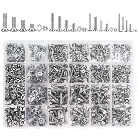Heavy Duty 1220 Piece Metric Fastener Kit Featuring 304 Stainless Steel Hex Flat Head Cap Bolts Screws Nuts Washers With Wrenches Assortment in transparent organizer.