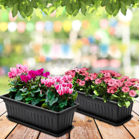 Black 7 Pack 17 Inch Window Box Planters With Trays For Veggies And Flowers In Plastic Growing Containers on patio