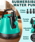 Submersible Pool Sump Pump With Adjustable Flow 950GPH Capacity showing 4 adapters, portable handle, and bottom suction