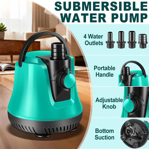 Submersible Pool Sump Pump With Adjustable Flow 950GPH Capacity showing 4 adapters, portable handle, and bottom suction
