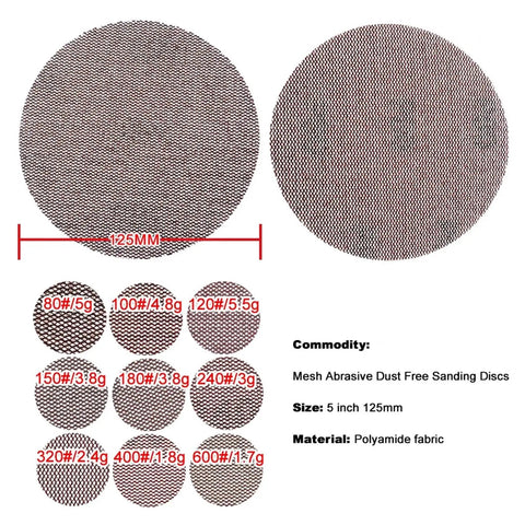 Kickstart Your Woodwork With These 5 Inch Mesh Sanding Discs showing 5" polyamide fabric discs for various grits, ideal for dust-free use.