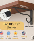 Diagram showing dimensions of Beefy Heavy Duty 10 Inch Closet Rod Bracket 4 Pack Wall Mounted Shelf Hooks for 10-12 inch shelves.