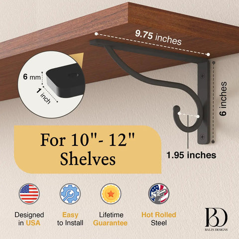 Diagram showing dimensions of Beefy Heavy Duty 10 Inch Closet Rod Bracket 4 Pack Wall Mounted Shelf Hooks for 10-12 inch shelves.