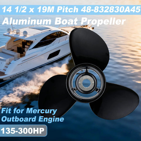 Beefed Up Aluminum Boat Propeller For Mercury And Mercruiser Sterndrives With 14 And A Half Inch Diameter And 19 Pitch Three Blade Design Ideal For 135 To 300 HP Right Hand Rotation Includes Hub Kit And 15 Spline, displayed over a yacht backdrop.