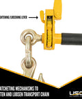Close-up of Quikbinder Ratchet Binders With Folding Handle Two Pack For One Half To Five Eighths Inch Grade Seventy Or Grade Eighty Chain, showing tightening lever and chain attachment