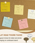 Top 50 Pack Flat Head Upholstery Thumb Tacks Rock Solid Iron Push Pins For Wooden Furniture Wall Paneling And Home Improvement Projects securing colorful notes on a corkboard.