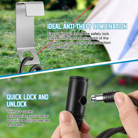 Two Pack Cooler Lock Bracket With Security Cable Lock For Tie Down Kit, 4.92 Ft Ice Chest Padlock, Fits Mid To Large Size Coolers On Trailers Deck Boats, Silver Titanium Coating