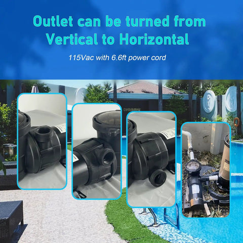Real Deal Above Ground Pool Pump with 1.5 HP 115 Volt Motor Cranking Out 4920 GPH Flow Featuring On and Off Switch plus Six Point Six Foot Cord and Transparent Cam Lock Cover for Quick Service and Zero Hassle Daily Grind displaying outlet positions.