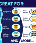 Blue eyewear infographic banner listing categories: eyeglasses, sunglasses, safety glasses, goggles with circular icons