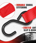Close-up of 4 Pack 1 Inch By 15 Foot Ratchet Straps With 1500 Lb Break Strength S Hooks showing durable stitching and S-hook detail