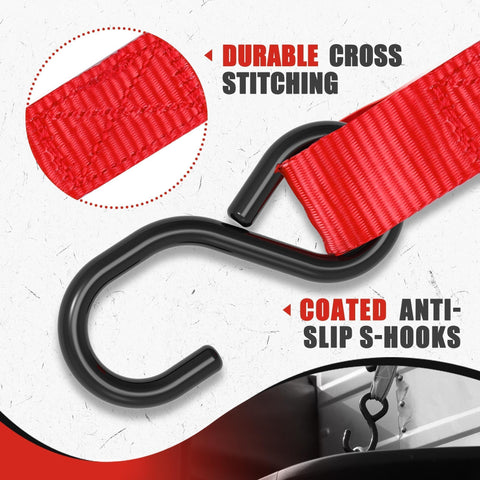 Close-up of 4 Pack 1 Inch By 15 Foot Ratchet Straps With 1500 Lb Break Strength S Hooks showing durable stitching and S-hook detail