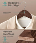 Heavy Duty Birch Wood Hangers Set Of 30 With 360 Degree Swivel Hooks Walnut Brown Finish showcasing jacket on hanger "Holds up to 11 lbs"