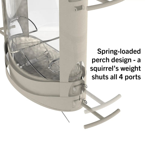 Close-up of X-1 Squirrel-Proof Bird Feeder with four feeding ports and spring-loaded perch design, transparent body.