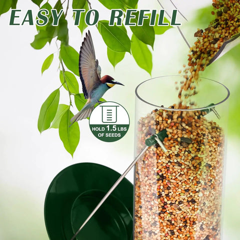 Close-up of Six Port Metal Bird Feeder For Outdoors Real Sturdy Tube Style Design with seeds being poured in