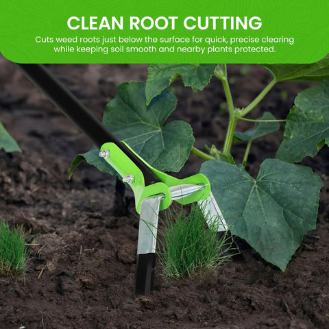 Action Stirrup Hoe With Ergonomic Handle For Weeding And Planting, Sowing Seeds And Making Furrows on soil near plant