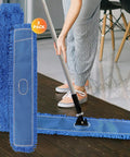 Heavy Duty 48 Inch Blue Microfiber Dust Mop Head Replacement Three Pack For Commercial Floors Pro Level Janitorial Sweeping Workhorse Frame Compatible No Sweat Floor Cleaning Crew being used on a wooden floor.