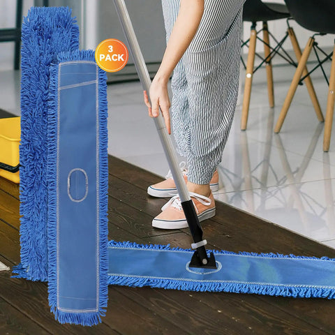 Heavy Duty 48 Inch Blue Microfiber Dust Mop Head Replacement Three Pack For Commercial Floors Pro Level Janitorial Sweeping Workhorse Frame Compatible No Sweat Floor Cleaning Crew being used on a wooden floor.