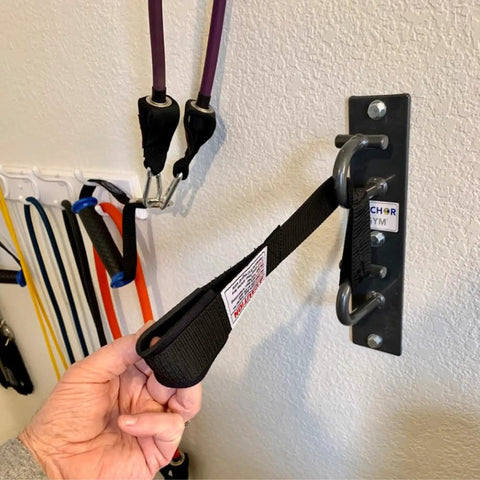 Top Tier Dual Hook Resistance Band Wall Anchor For Sick Home Gym Setups With Heavy Duty Wood Screws Included and Versatile Modular Mount. Steel mount with black strap.