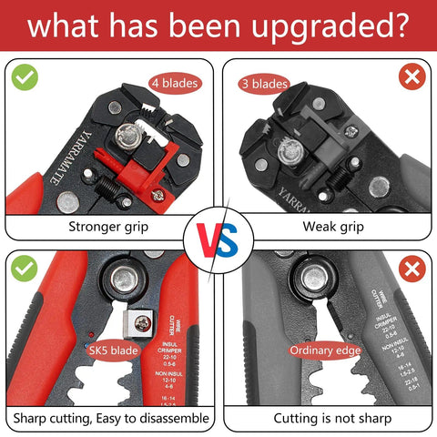 Comparison of wire stripping tools highlighting features of Self Adjusting 3 In 1 Wire Stripper Crimper And Cutter For 10 To 24 AWG Automatic Universal Stripping Tool 8 Inch Multitool For Copper And Aluminum Wiring Built For Quick And Easy Use With No Fuss and a similar tool.
