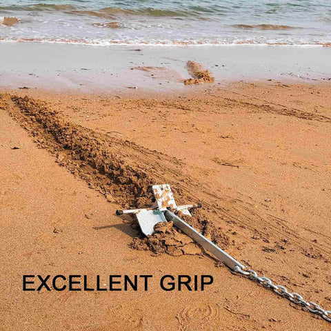 Fluke Anchor Kit With Chain And Rope For Boats Pontoon Deck Fishing And Sail 8 lb set in sand demonstrating grip
