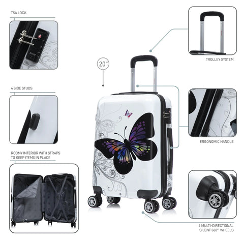 20-inch butterfly-print hardside luggage with TSA lock and four spinner wheels