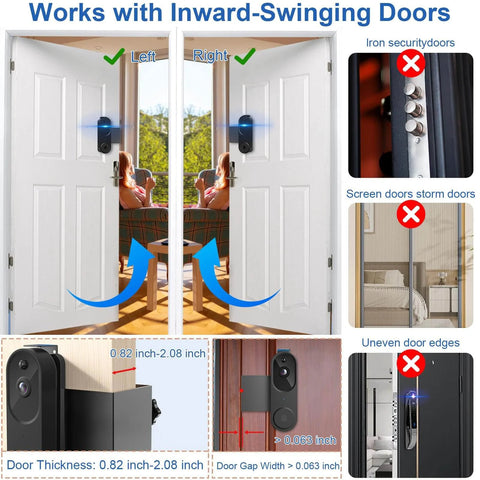 Anti Theft No Drill Doorbell Mount For Video Doorbells Like Orbitell And Reolink installed on inward-swinging doors in apartment.