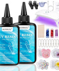 UV Resin Jewelry Making Kit With 200g Crystal Clear Resin Flexible Molds Glitter Powder Portable UV Lamp And Tools For DIYers Keychains Earrings And Crafts displayed with two resin bottles, flexible molds, glitter, UV lamp, and tools.