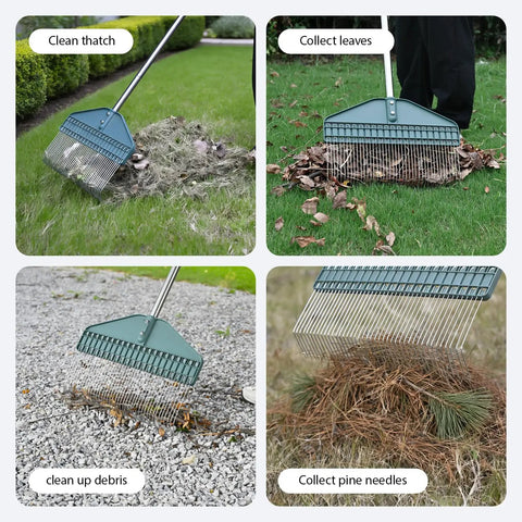 Thatch Rake With 66 Inch Adjustable Handle And 17 Inch Wide Dethatcher For Lawns, Gardens And Yards, Easy Removal Of Thatch, Pine Needles