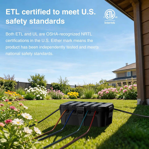 Large Outdoor Electrical Box Weatherproof IP54 Heavy Duty Extension Cord Cover Protect Outlets Plugs Sockets Timers Power Strips Black in garden setup.