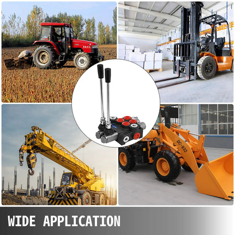 Two-spool hydraulic directional control valve with dual levers, black, centered in collage with tractors and machinery.
