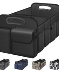 Collapsible Trunk Organizer With Big Capacity Waterproof Car Organizer For SUV Jeep Or Sedan Portable Removable Dividers Sturdy Black Car Accessory For Women And Men displayed from side view