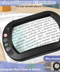 10X Square Magnifying Glass With Light And Stand Real Glass LED Magnifier, showing text magnified on desk with controls visible