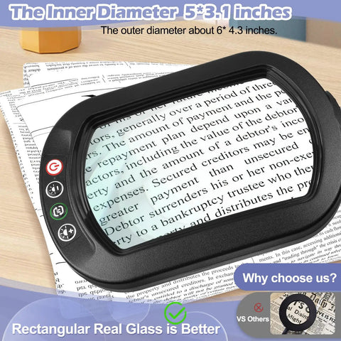 10X Square Magnifying Glass With Light And Stand Real Glass LED Magnifier, showing text magnified on desk with controls visible