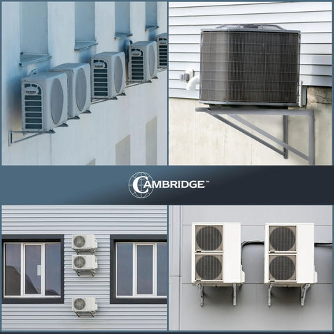 Beefed Up 30 Inch Wall Mount Brackets For Mini Split AC System, shown supporting various condensers on building exteriors.