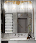 Gold Crystal Vanity Light For Bathroom, Four Light Modern Fixture With Dimmable E26 Socket in a marble bathroom setting.