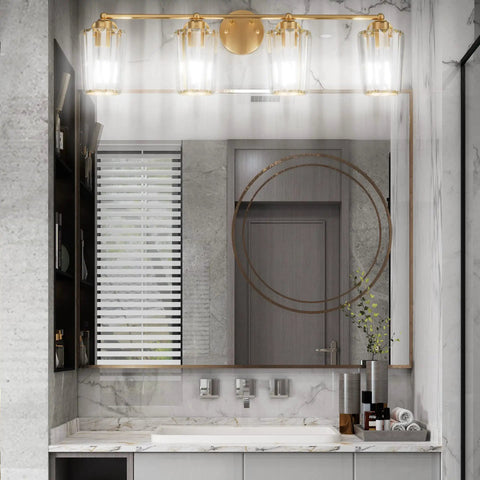 Gold Crystal Vanity Light For Bathroom, Four Light Modern Fixture With Dimmable E26 Socket in a marble bathroom setting.