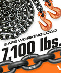 Heavy Duty Binder Chain Tie Down With Grab Hooks Grade 80 Three Eighth Inch By Twenty Foot Beefed Up Cargo Tie Down Delivers 7,100 Pound Safe Working Load For Rugged Hauling On Trucks Trailers And Industrial Jobs, displaying coiled chain and hooks with 7,100 lbs label.