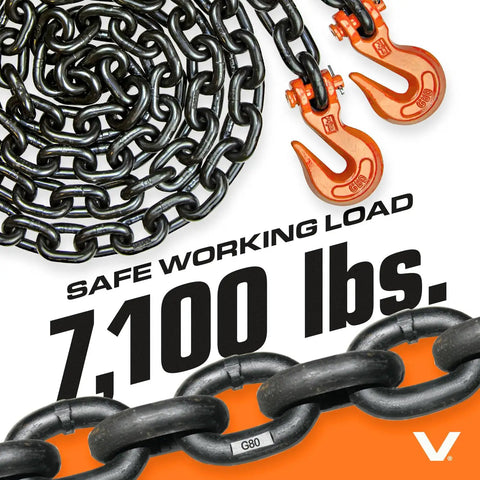 Heavy Duty Binder Chain Tie Down With Grab Hooks Grade 80 Three Eighth Inch By Twenty Foot Beefed Up Cargo Tie Down Delivers 7,100 Pound Safe Working Load For Rugged Hauling On Trucks Trailers And Industrial Jobs, displaying coiled chain and hooks with 7,100 lbs label.