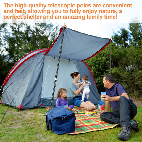 Family using heavy duty aluminum tent poles for tarp and canopy adjustable telescoping poles with non slip cone bottom outdoors
