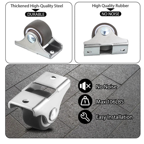 Close-up of Four Pack Mini Rigid 1 Inch Caster Wheels Non Swivel Fixed Casters For Furniture showing durable steel and rubber design