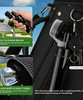 All In One Golf Accessories Kit With Towel Club Brush Groove Cleaner Golf Balls Tees Score Counter Ball Line Marker Divot Repair Tool And Color Ball Markers A Sweet Gift For Real Men Golfers showing cleaner brush and towel on golf bag