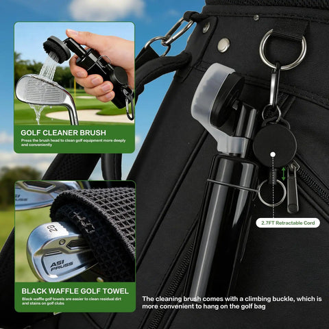 All In One Golf Accessories Kit With Towel Club Brush Groove Cleaner Golf Balls Tees Score Counter Ball Line Marker Divot Repair Tool And Color Ball Markers A Sweet Gift For Real Men Golfers showing cleaner brush and towel on golf bag