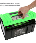 Green 15 Inch One Touch Tool Box With Tray Openable With One Hand And Padlock Security Slot Durable Tool Storage For Home Garage Or Job Site Holds Up To 30 Lbs showing easy opening latch in use